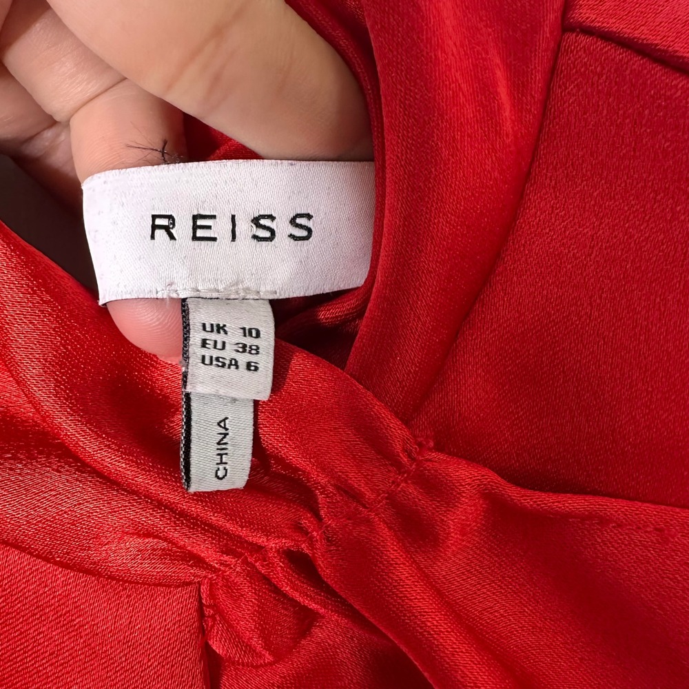 REISS Lola Satin Ruffle Mock Neck Dress Womens 6 Red Excellent Sleeveless Shift - Picture 2 of 5